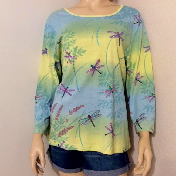 Take Two Clothing Co. Tops - NWOT Dragonfly print 100% cotton top long sleeves pastels sequins Women Size XL